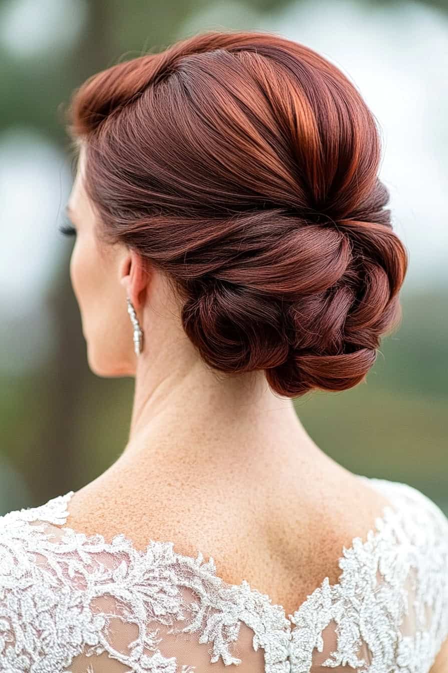 Woman with auburn chignon updo hairstyle styled in an elegant low chignon with twists, adding grace and sophistication.