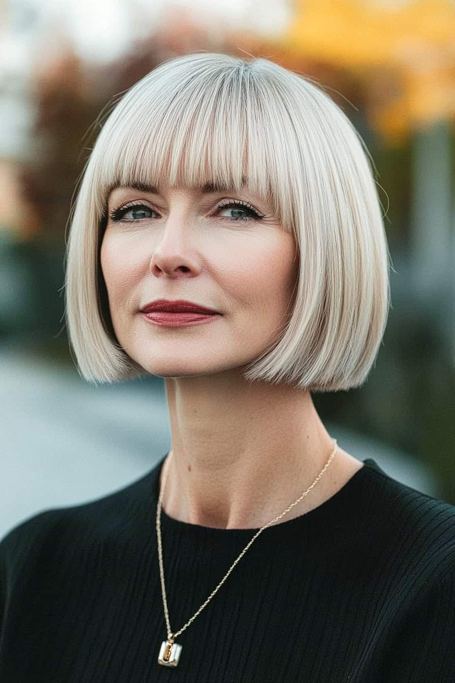 Woman with blonde bob hairstyle styled in a trendy micro bob, making a bold and confident statement.