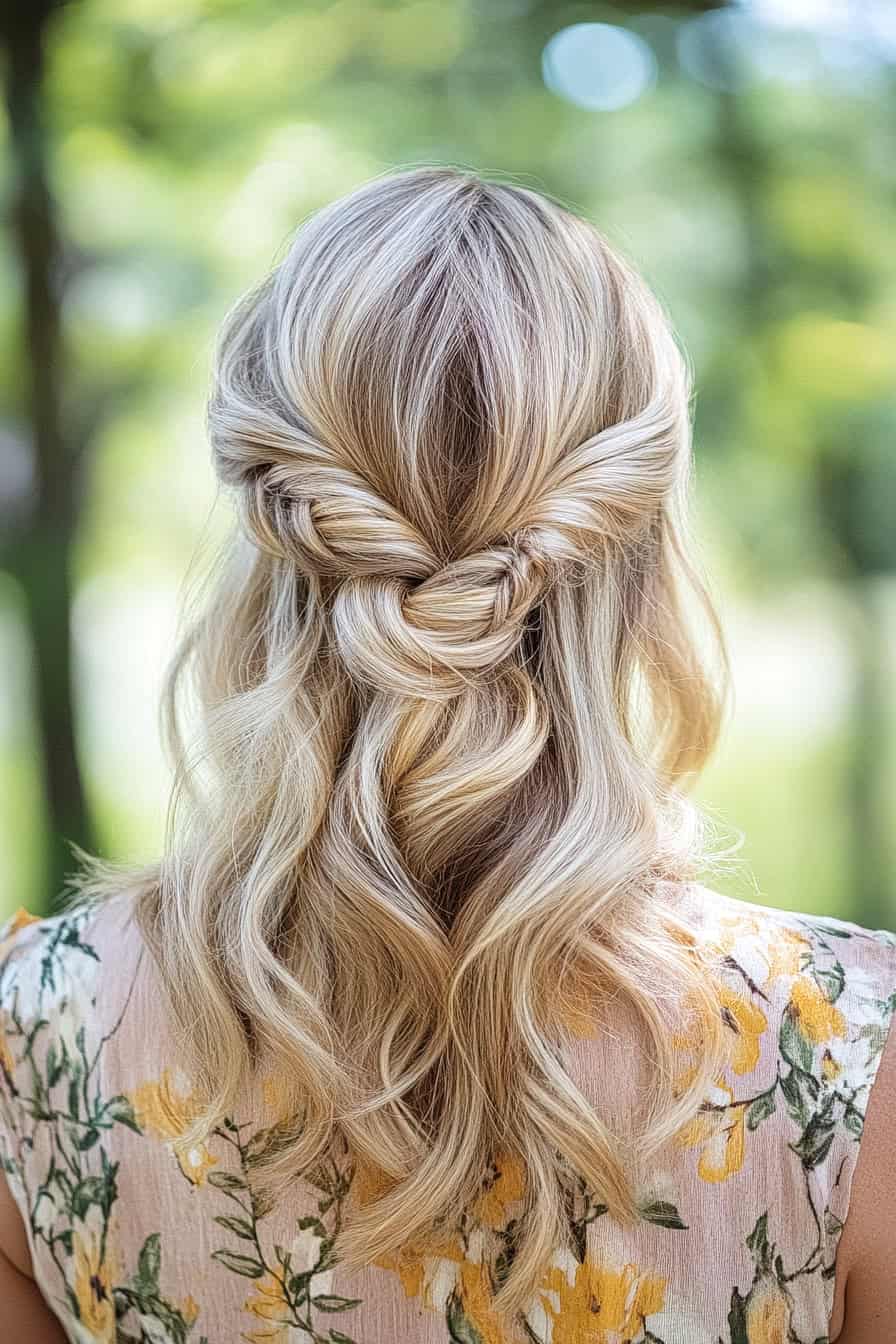 Woman with blonde waves and twists styled in a polished half-up, half-down hairstyle, adding elegance and a balanced frame.