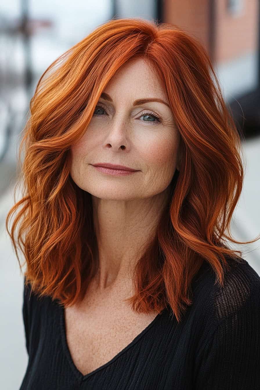 Confident woman with flowing red hair styled in a textured lob, adding modern appeal and layered depth.