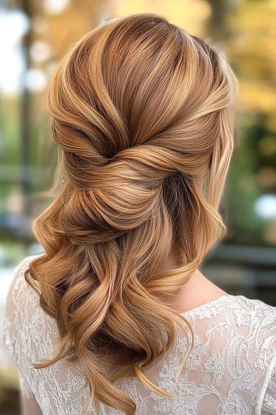 Elegant hairstyle with golden highlights, featuring a romantic bun and cascading curls.