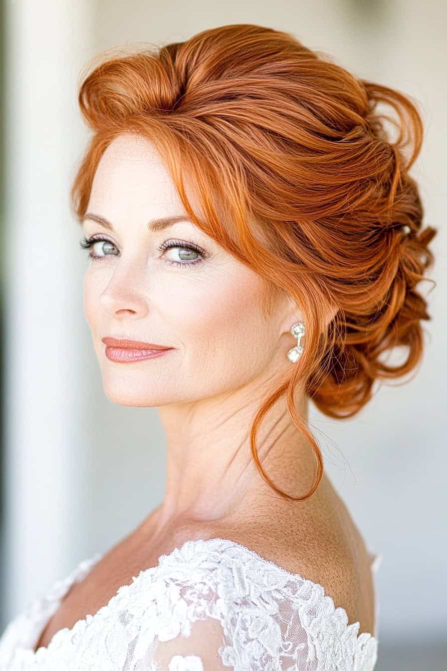 Elegant woman with red hair in soft waves, vibrant makeup, and lace dress for formal occasion.