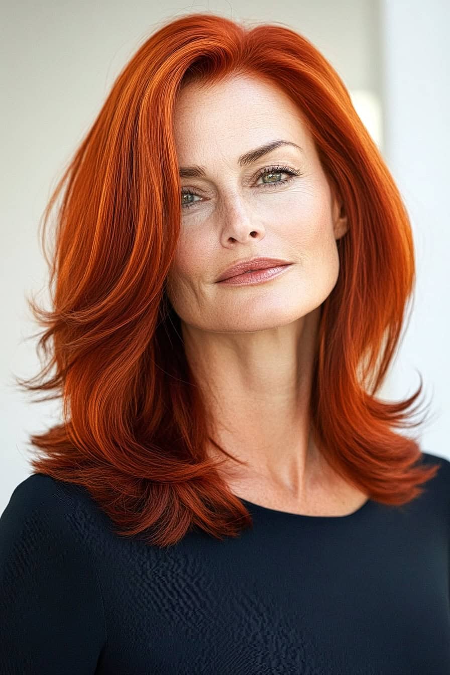 Elegant red-haired woman with a straight cut and subtle face-framing layers, offering understated sophistication.