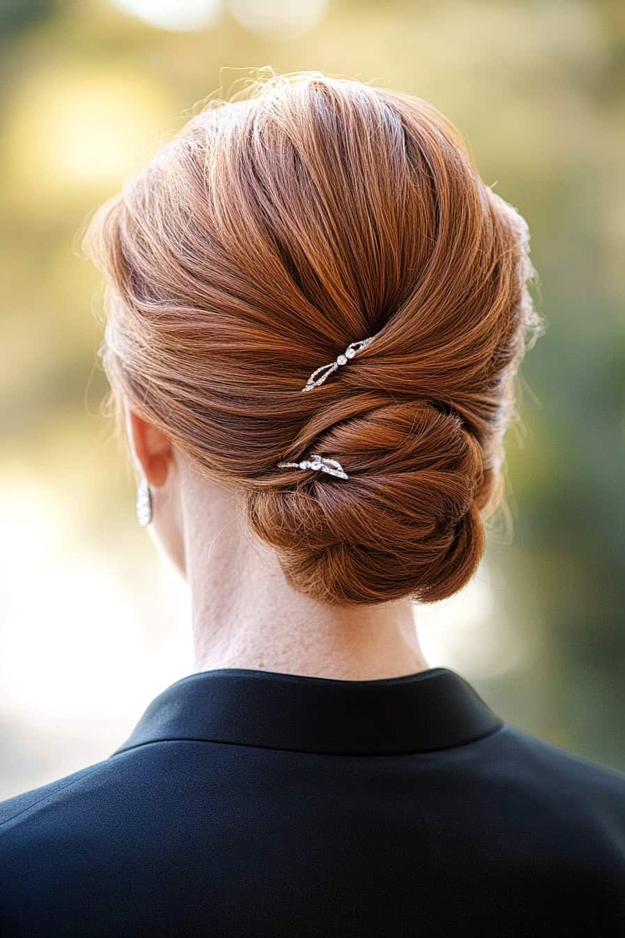 Woman with red updo hairstyle styled in a twisted bun with elegant hairpins, adding sophistication and charm.