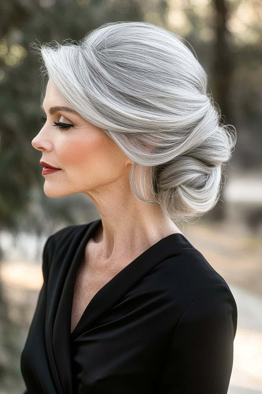 Elegant woman with chic low chignon updo in silver hair, perfect for any occasion.