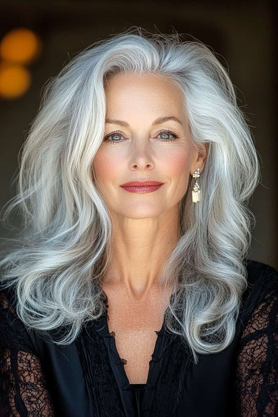 Woman with elegant silver hair and subtle highlights, showcasing a sophisticated and modern look.