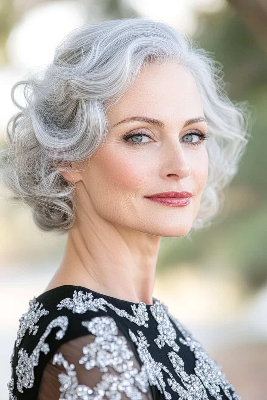 Elegant woman with vintage-inspired finger waves in grey hair, showcasing timeless glamour.