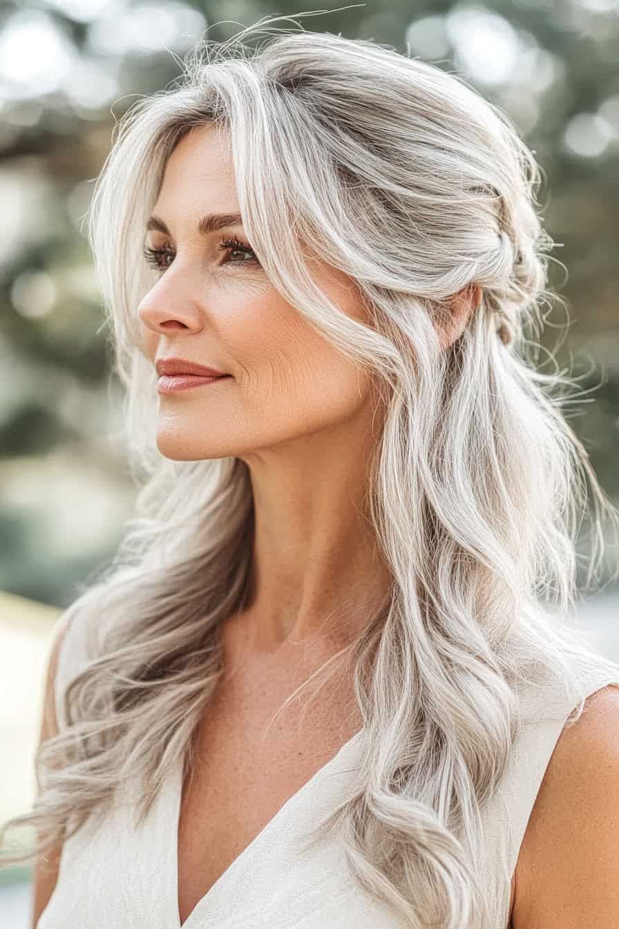 Elegant woman with silver blonde hair styled in a half-up half-down hairstyle, adding balance and sophistication.