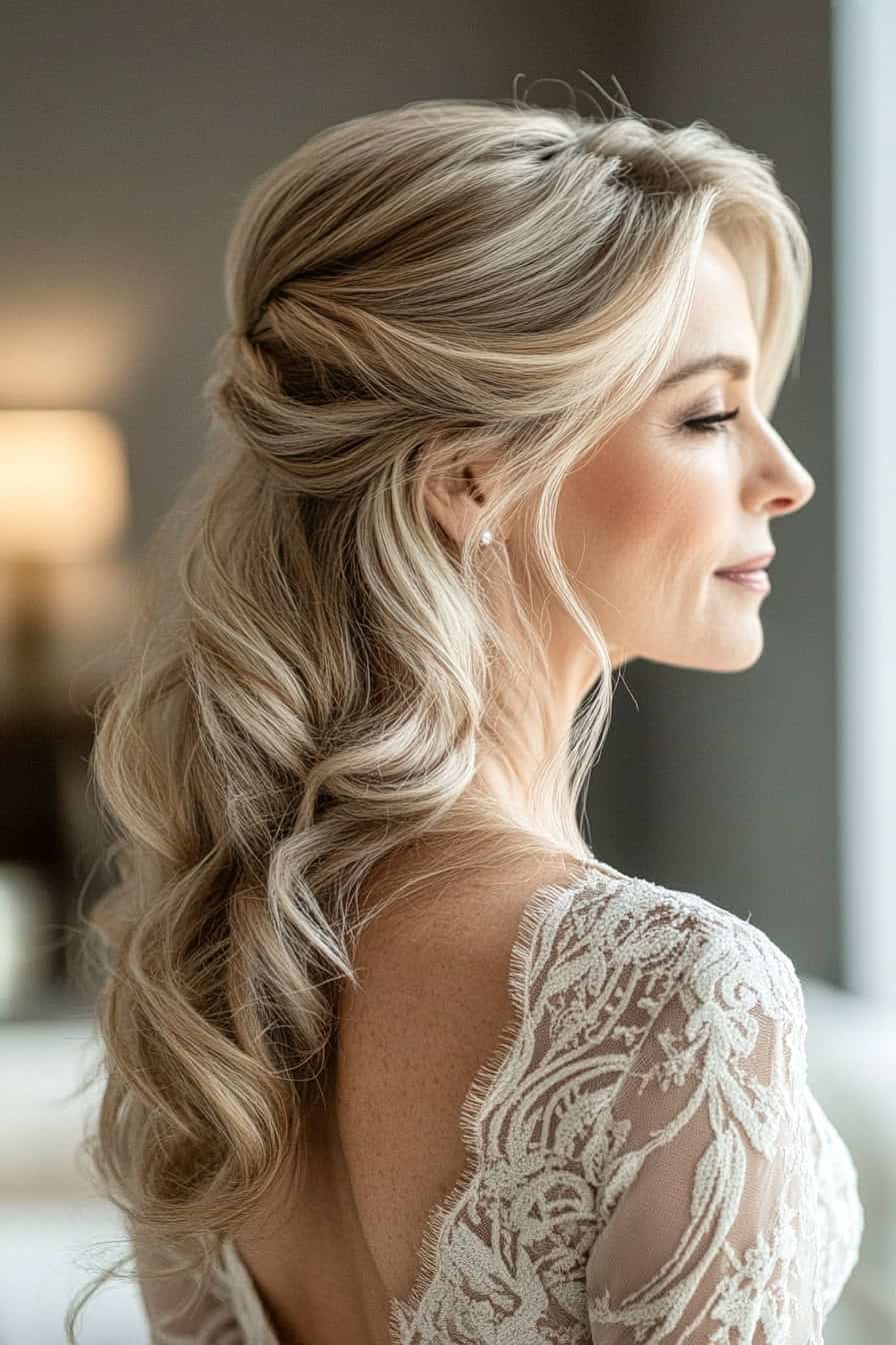 Woman with soft waves styled in a romantic half-up half-down hairstyle, adding elegance and a balanced frame.