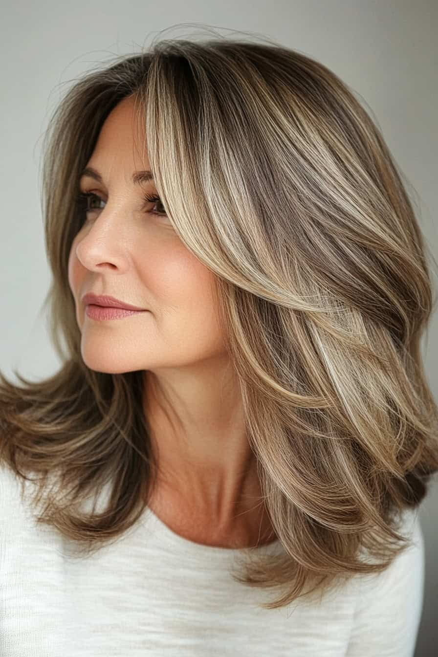 Elegant woman with voluminous waves styled in a soft layered cut, adding movement and effortless charm.