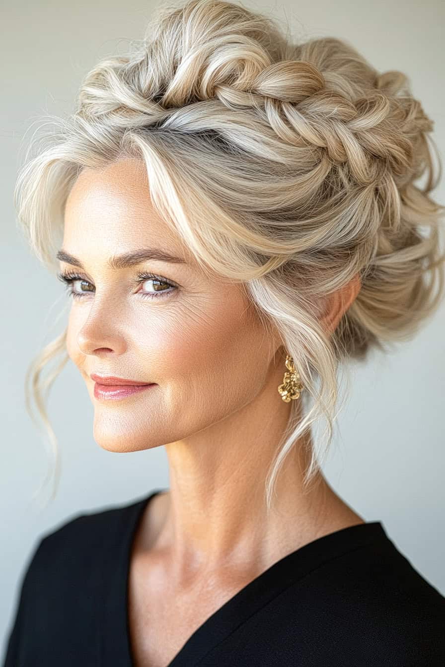 Woman with elegantly styled blonde braided updo, adding romance and chic volume to her look.