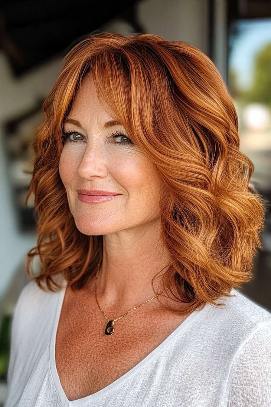 Portrait of a confident woman with auburn hair, glowing skin, and a warm smile.