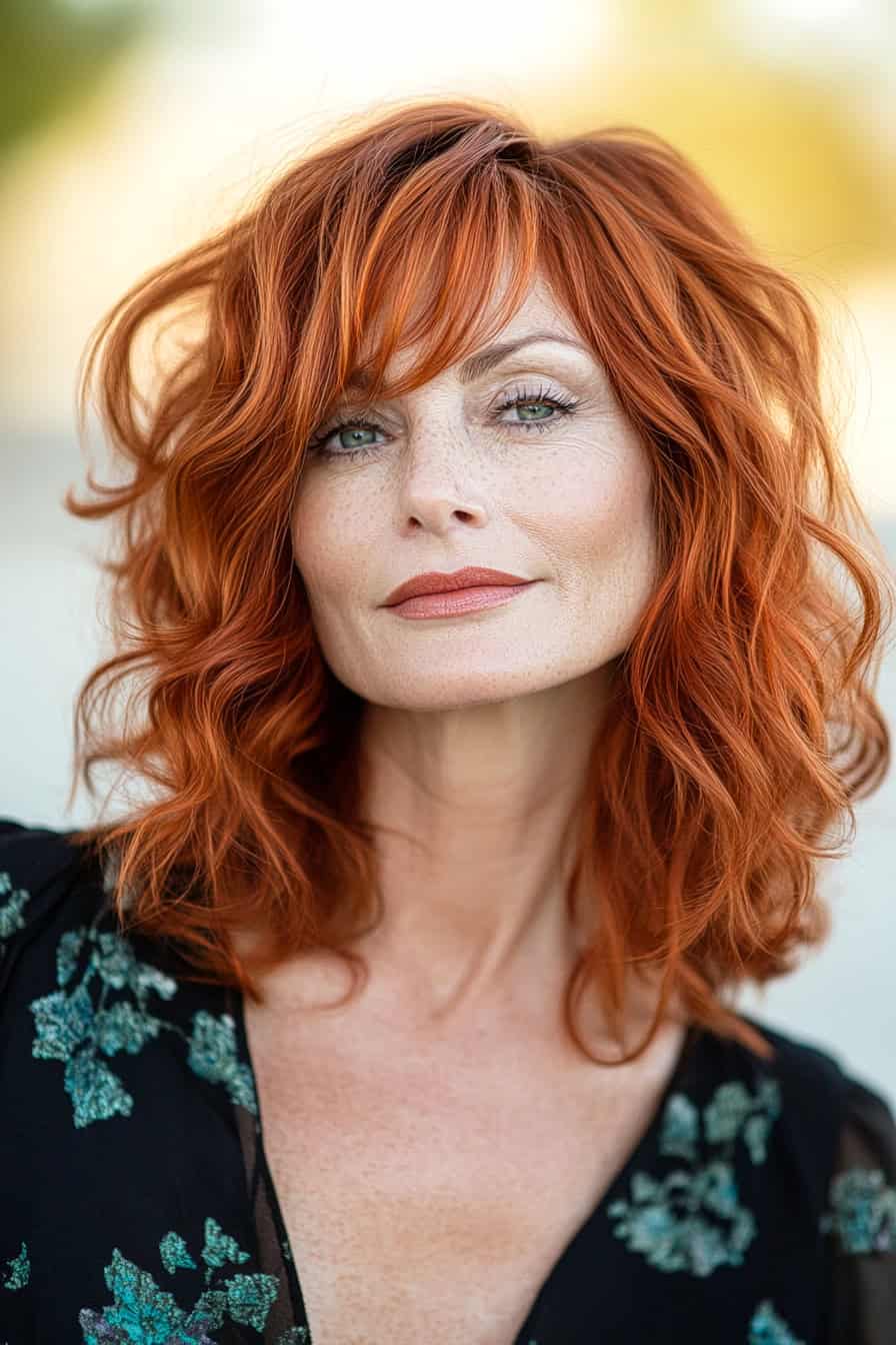 Woman with curly auburn hair styled in a stylish bob, complementing a square face shape with soft curls and layers.