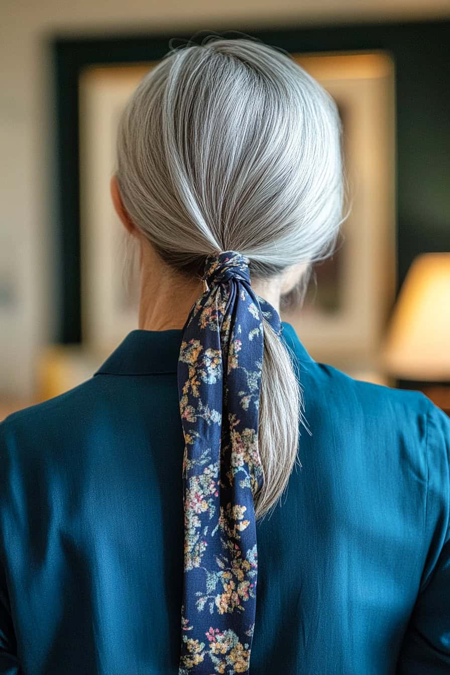 Woman with silver ponytail and dark blue scarf styled in a loose ponytail with a chic wrap, adding elegance and style.