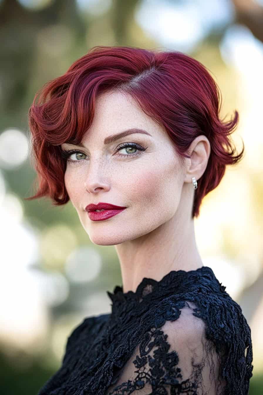 Woman with striking red wavy hair styled in iconic finger waves, adding old Hollywood glamour and sophistication.