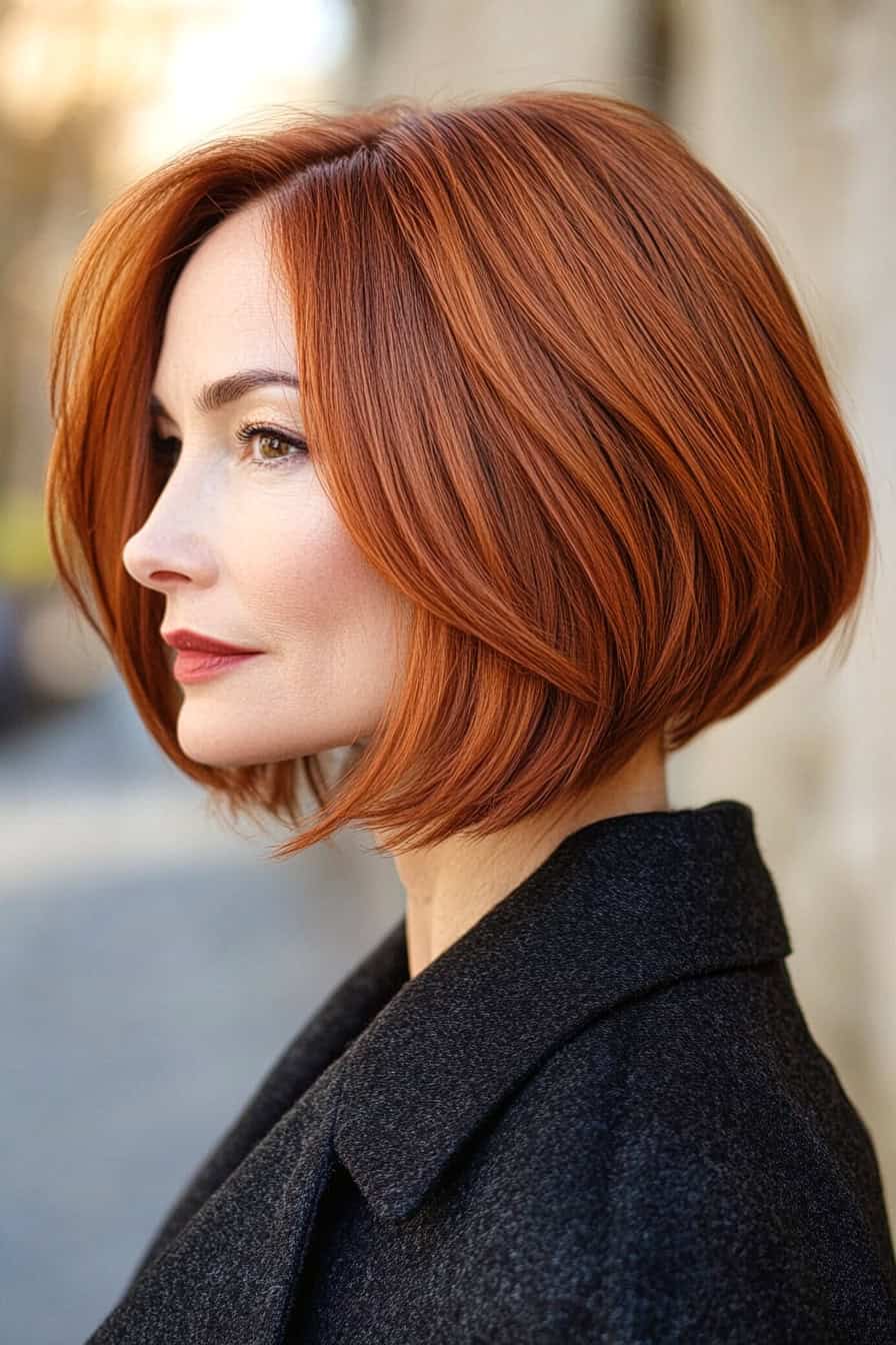 Woman with auburn bob hairstyle styled in a classic A-line layered bob, offering a neat and elegant finish.