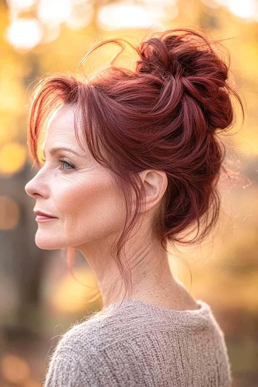 Woman with red hair in golden light, wearing a gray sweater, reflecting tranquility and grace.