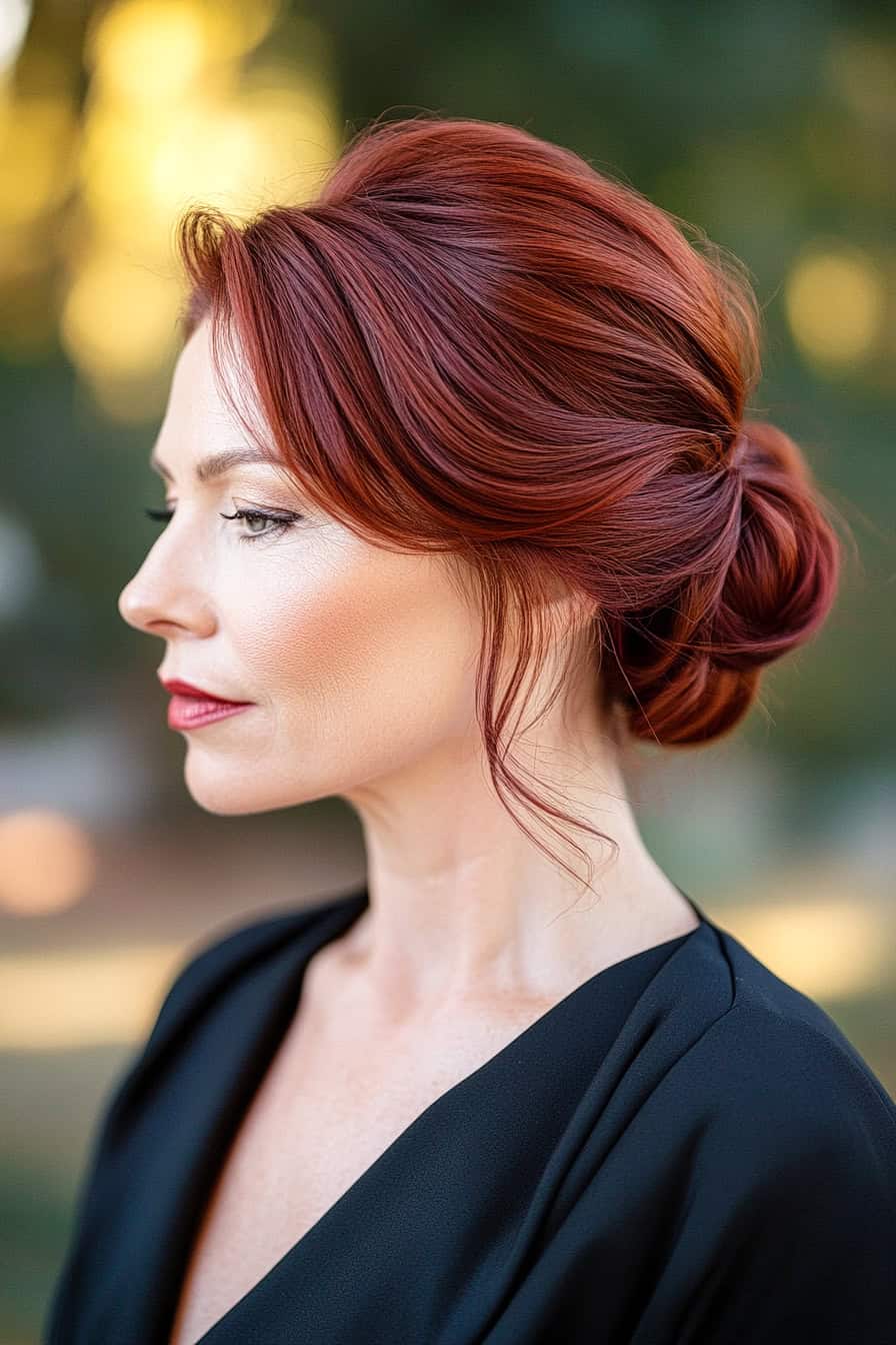 Woman with auburn updo hairstyle styled in a chic bun with face-framing pieces, adding elegance and volume.