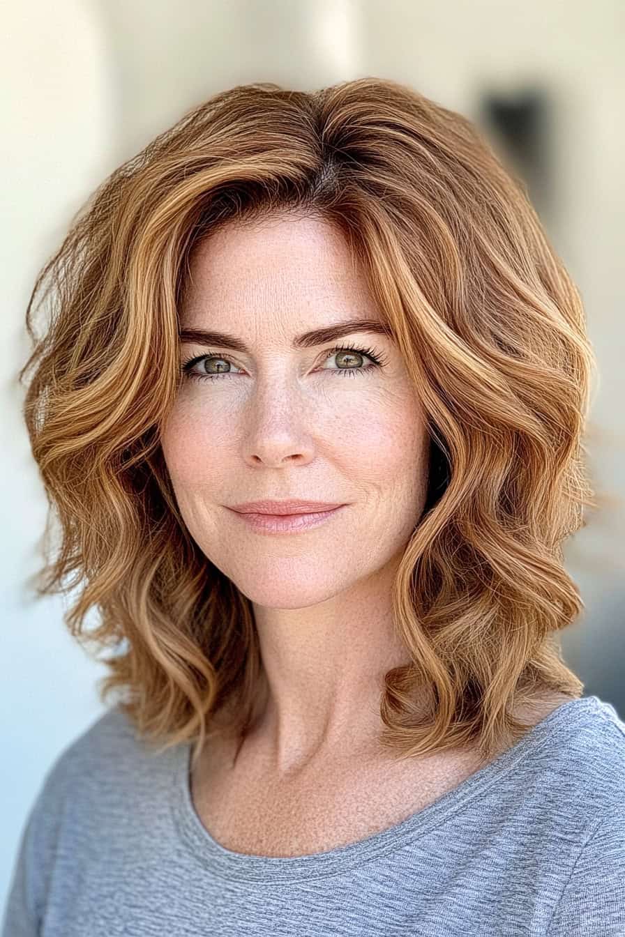 Woman with auburn wavy hair styled in a softly curled medium-length cut, adding volume and playful elegance.