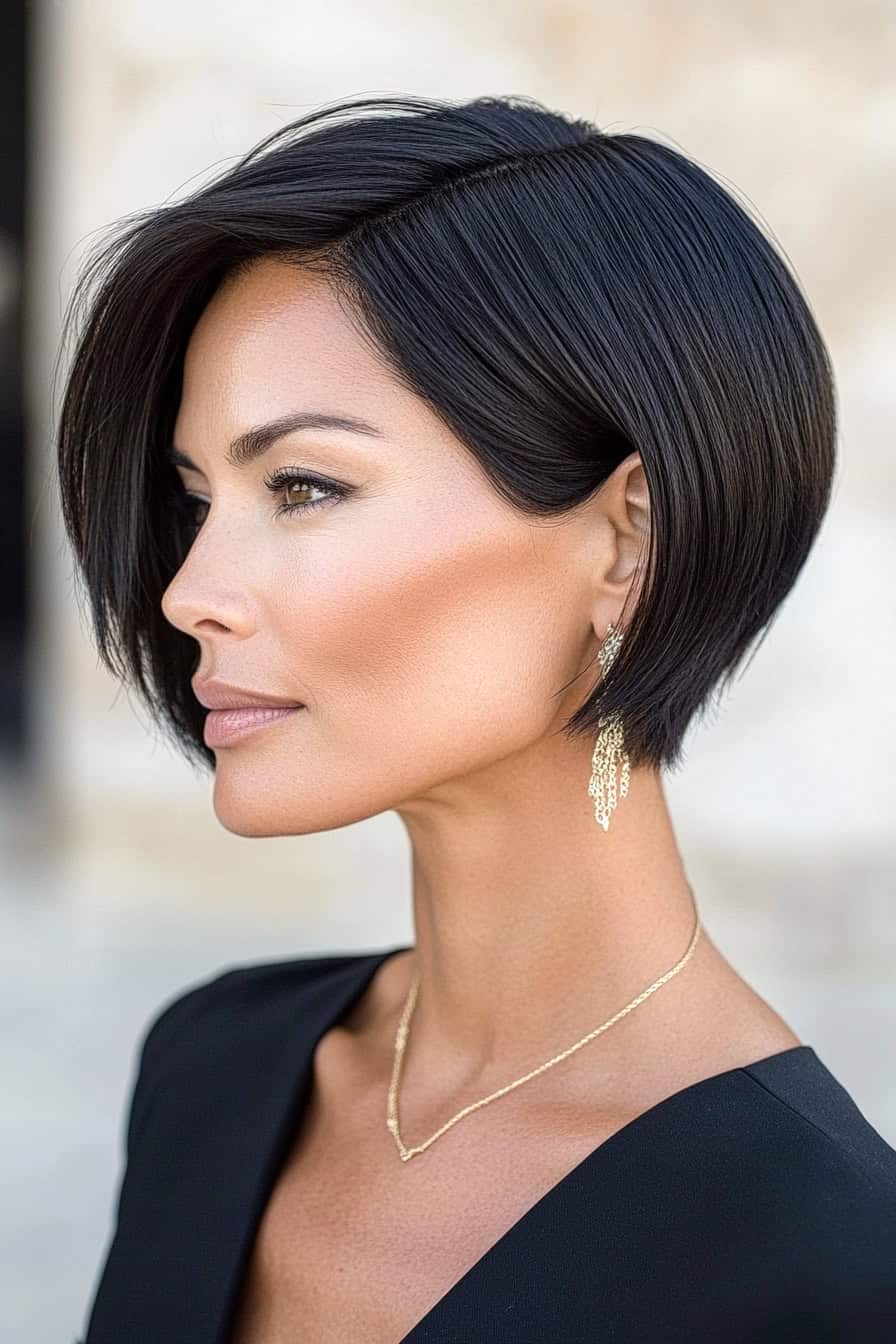 Woman with black bob haircut styled sleek with a nape undercut, adding sophistication and an edgy twist.