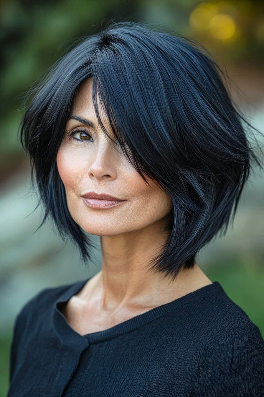 Woman with black bob hairstyle styled in an asymmetrical layered bob, adding a unique and edgy statement.