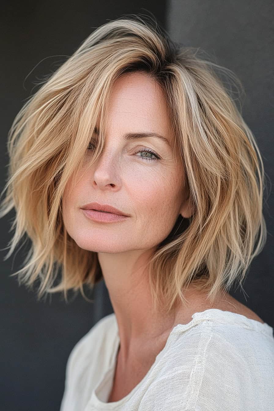 Woman with blonde bob hairstyle styled in a casual messy layered bob, adding volume and a relaxed cool vibe.