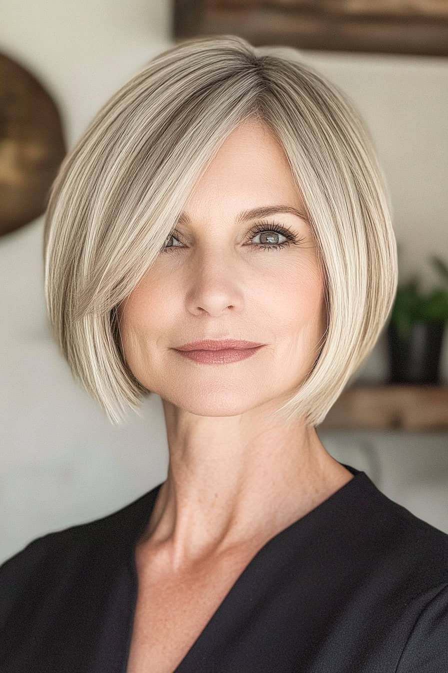 Elegant woman with modern bob haircut and radiant skin in a stylish interior setting.