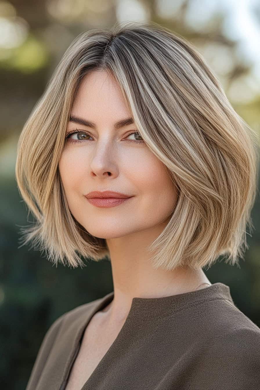 Woman with blonde bobcut hair styled in a structured layered bob, offering a sleek and polished appearance.