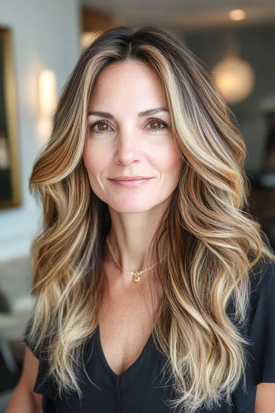 Woman with blonde and caramel wavy hair featuring color melting technique, adding depth and volume to her hairstyle.