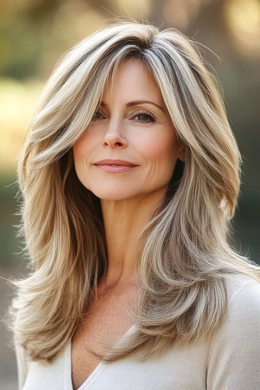 Woman with blonde hair and soft waves styled in graceful long layers, adding fluidity and classic charm.