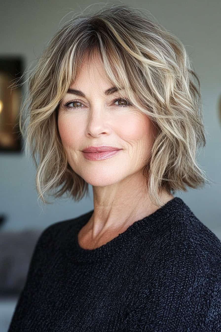 Woman with blonde highlights styled in a low-maintenance messy bob, adding a relaxed and youthful vibe.