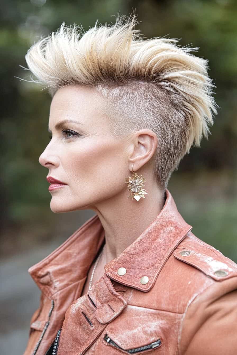 Woman with blonde mohawk hairstyle styled in an edgy faux hawk, adding volume and a bold statement.