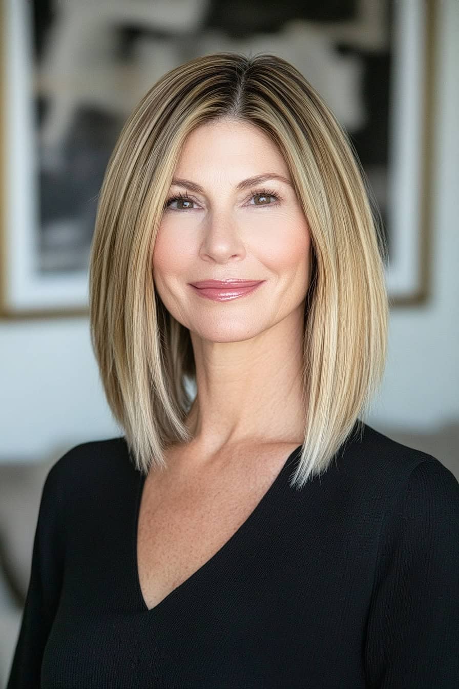 Woman with blonde straight hair styled in a sleek blunt cut, offering a sharp and modern sophisticated appearance.