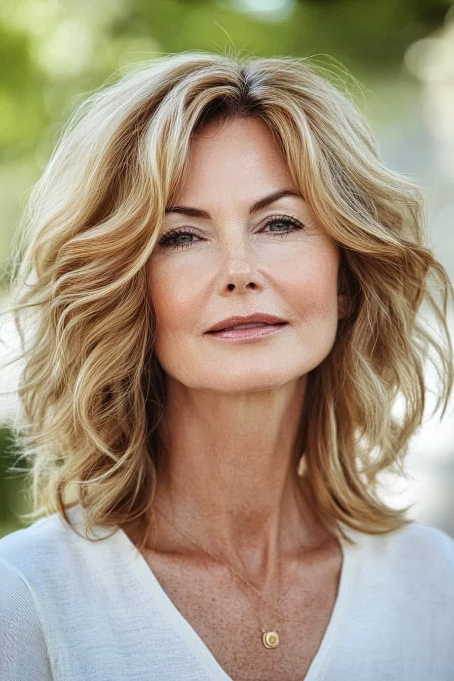 Woman with blonde waves styled in a chic shoulder-length cut with soft curls, adding volume and effortless grace.