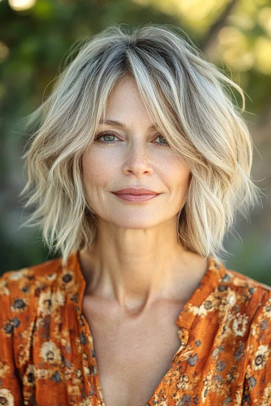 Woman with blonde wavy hair styled in a messy shag cut, adding playful texture and effortless chic.