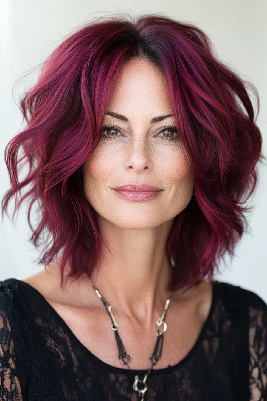 Woman with burgundy wavy hair styled in a modern brunette layered bob, adding richness and contemporary style.