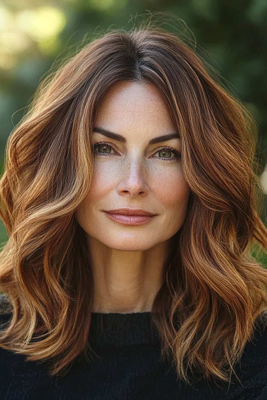 Woman with chestnut and caramel waves styled with subtle balayage, adding depth and dimension to her hair.