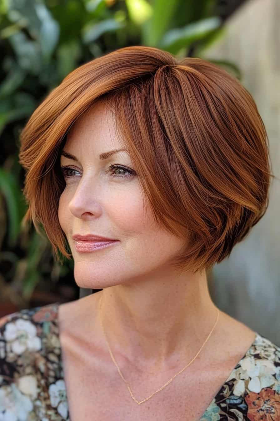 Woman with chestnut bobcut hair styled in an effortless side-parted layered bob, adding volume and understated elegance.