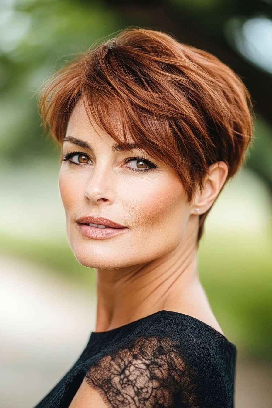 Woman with chestnut short hair styled in a sleek short crop with soft bangs, offering a refined and charming appearance.