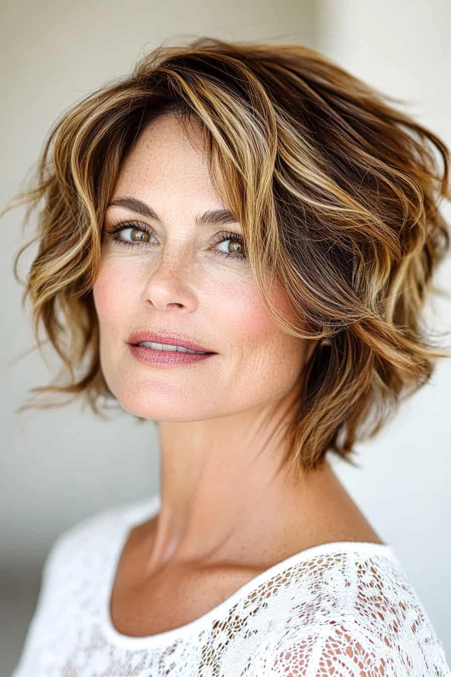 Woman with chestnut waves hair styled in a lightweight layered bob, adding dimension and fullness to fine hair.