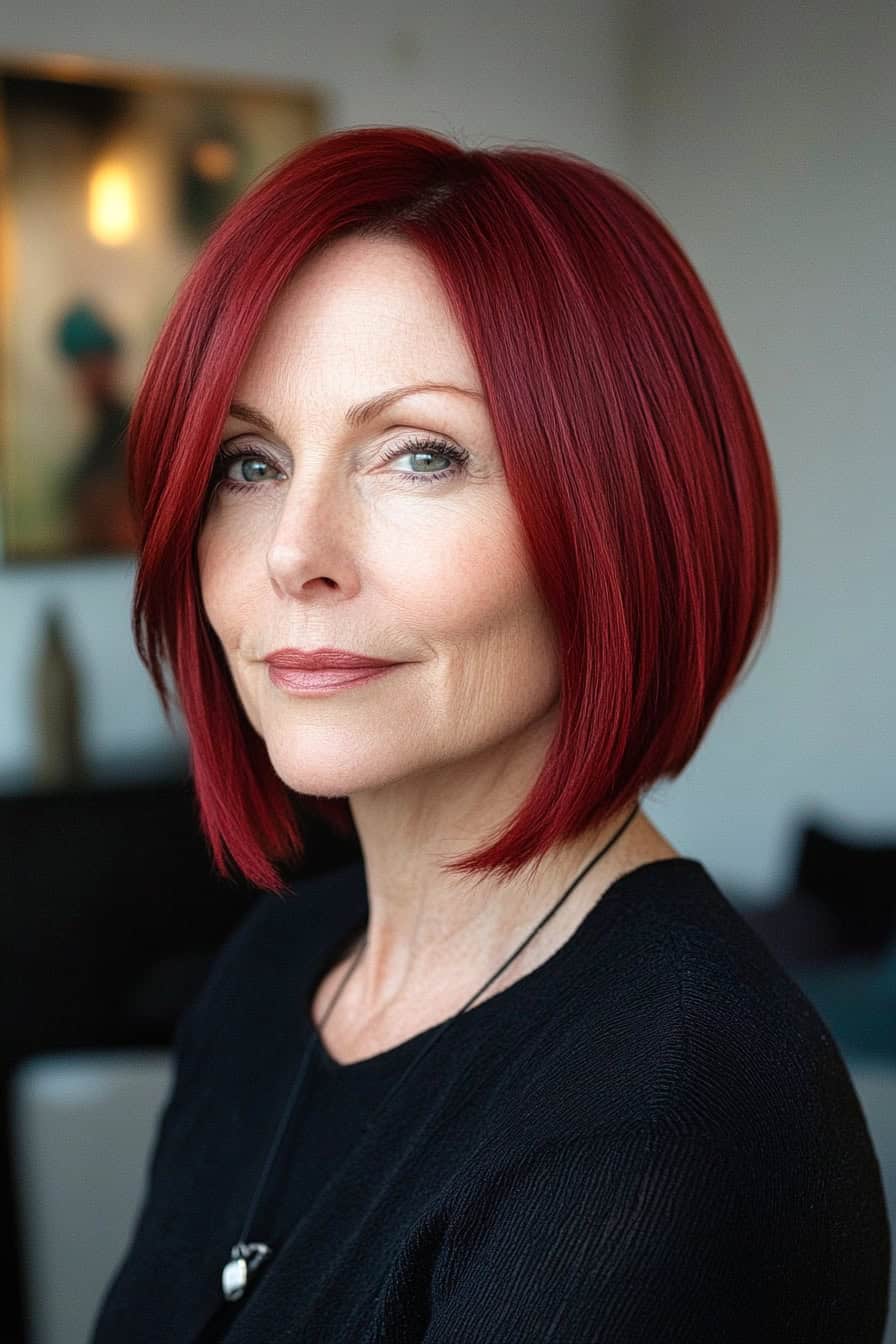 Woman with chic red bob haircut styled in a rich burgundy color, adding depth and sophistication.