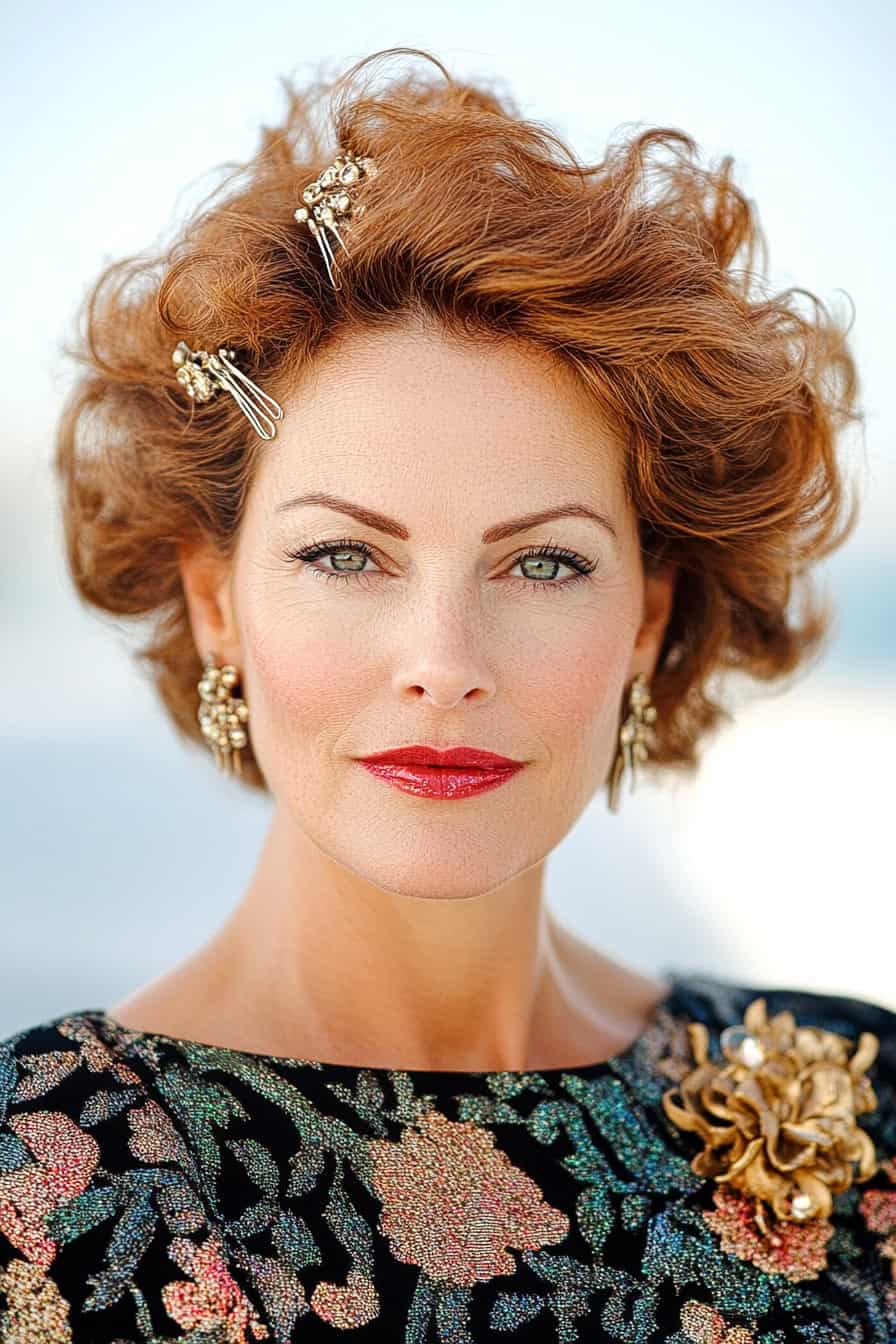 Woman with curly auburn hair styled with decorative clips and barrettes, adding a stylish and functional flair.