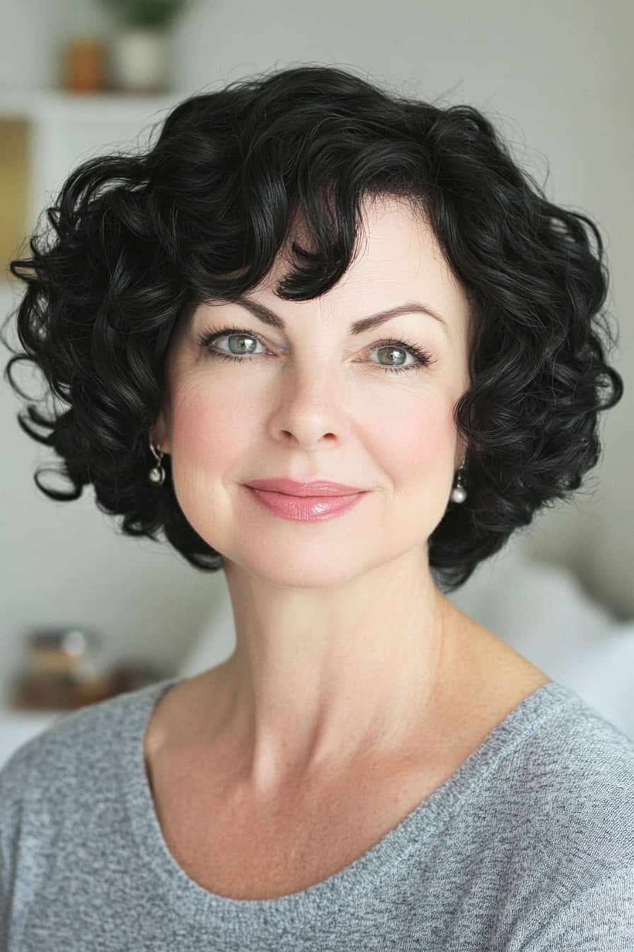 Woman with curly black hair styled in a vintage-inspired curly bob, adding timeless elegance and volume.