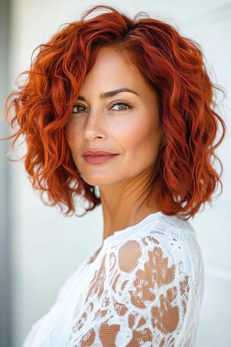 Woman with curly red hair styled in a timeless layered bob with soft waves, adding volume and classic charm.