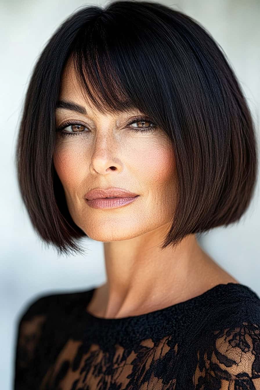 Woman with dark bob hairstyle styled in a classic short blunt cut, offering a sleek and professional look.