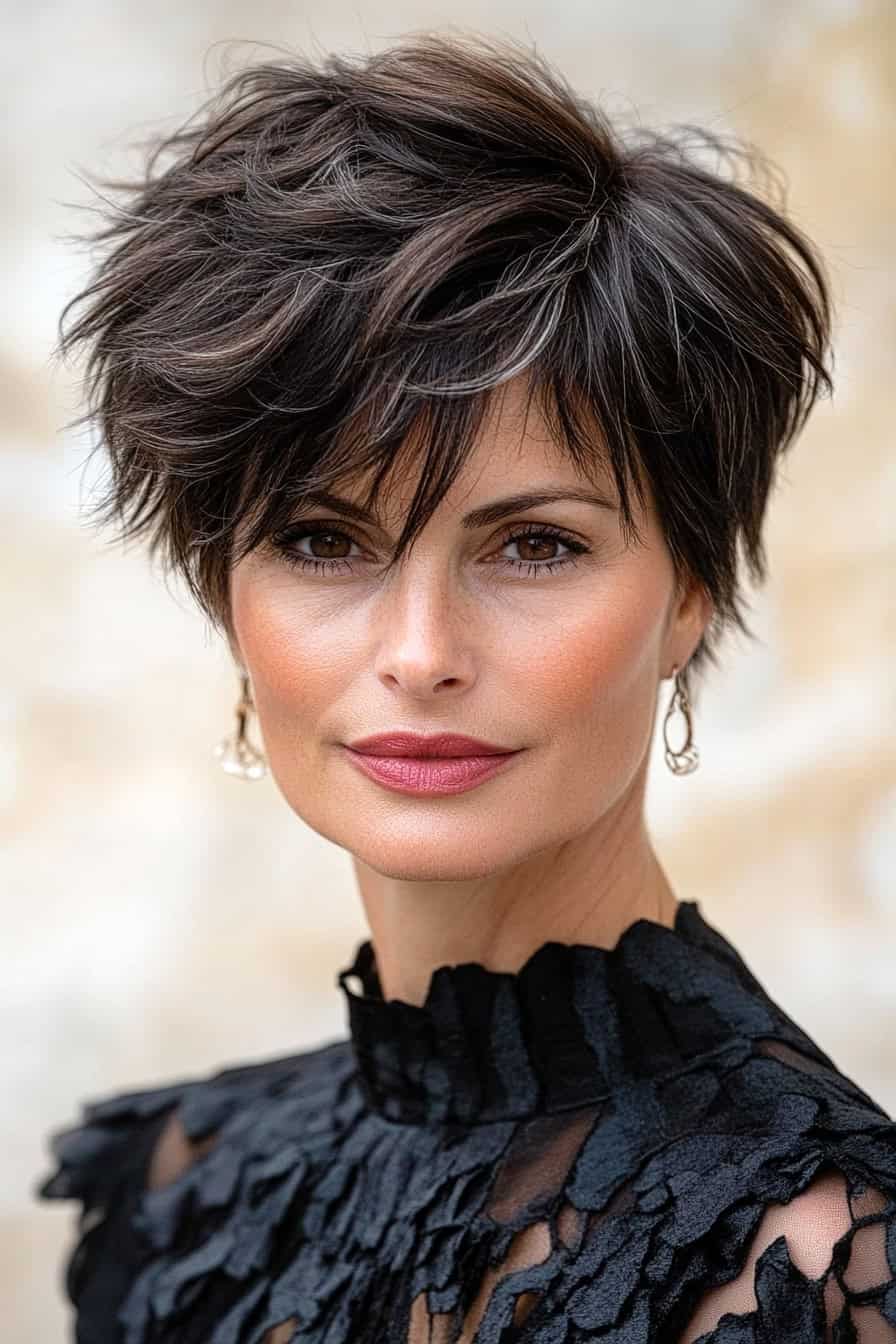 Woman with dark brown short hair styled in a layered pixie cut, adding depth and a sophisticated edge.