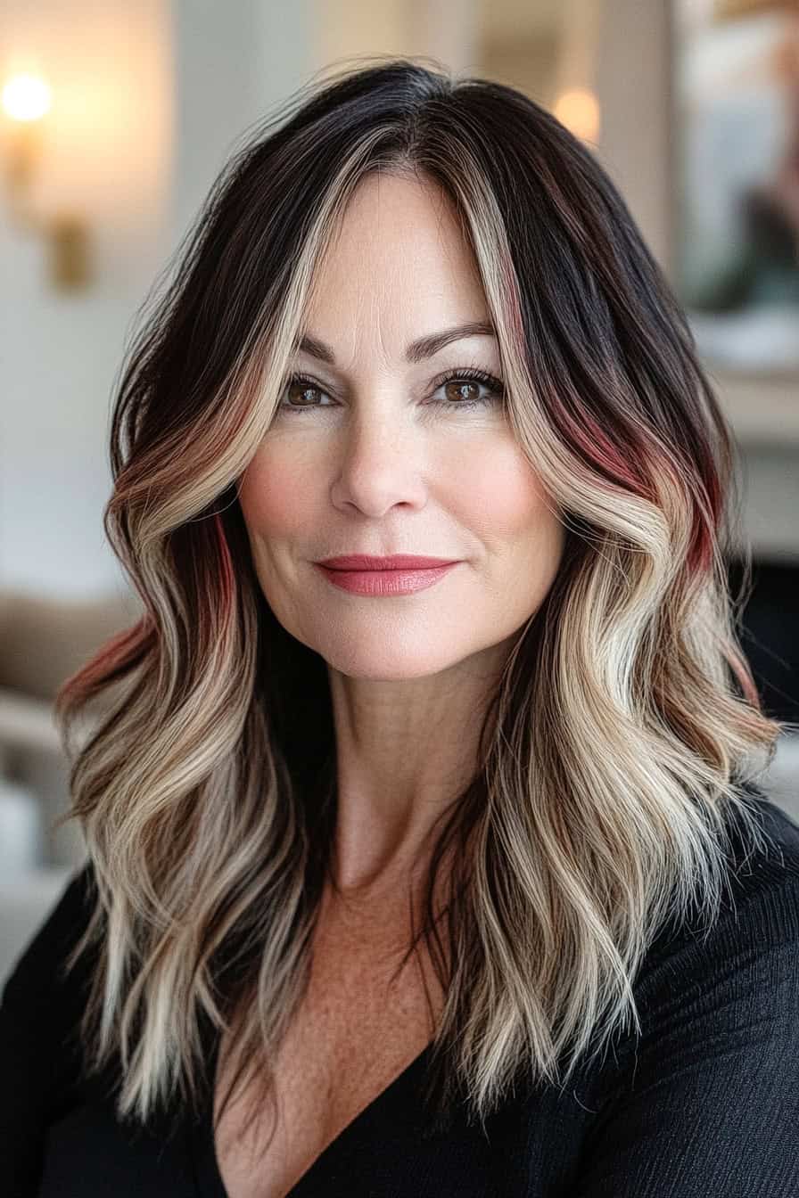 Woman with dark hair and highlights styled in bold ombre, adding a striking two-toned look.