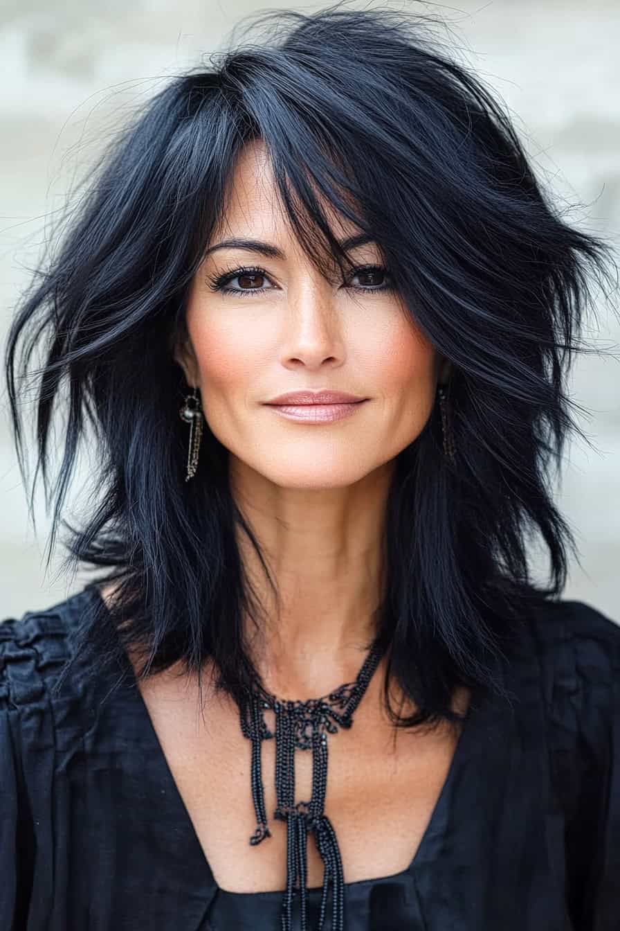 Woman with dark voluminous hair styled in a textured shag haircut, adding dynamic movement and a free-spirited look.