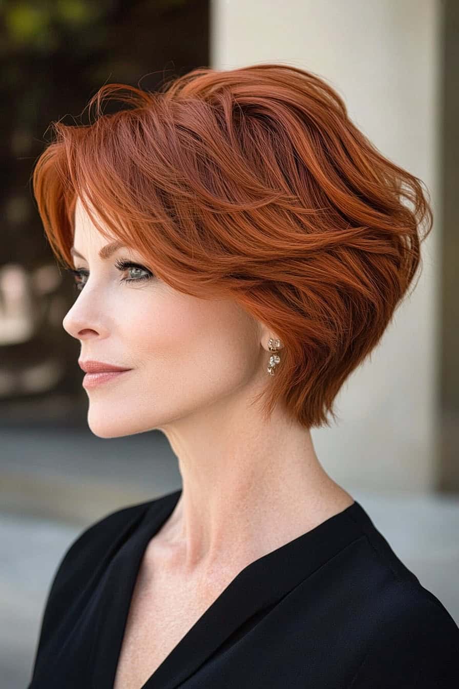 Woman with deep copper red bob styled in an elegant short layered hairstyle, adding depth and dimension.