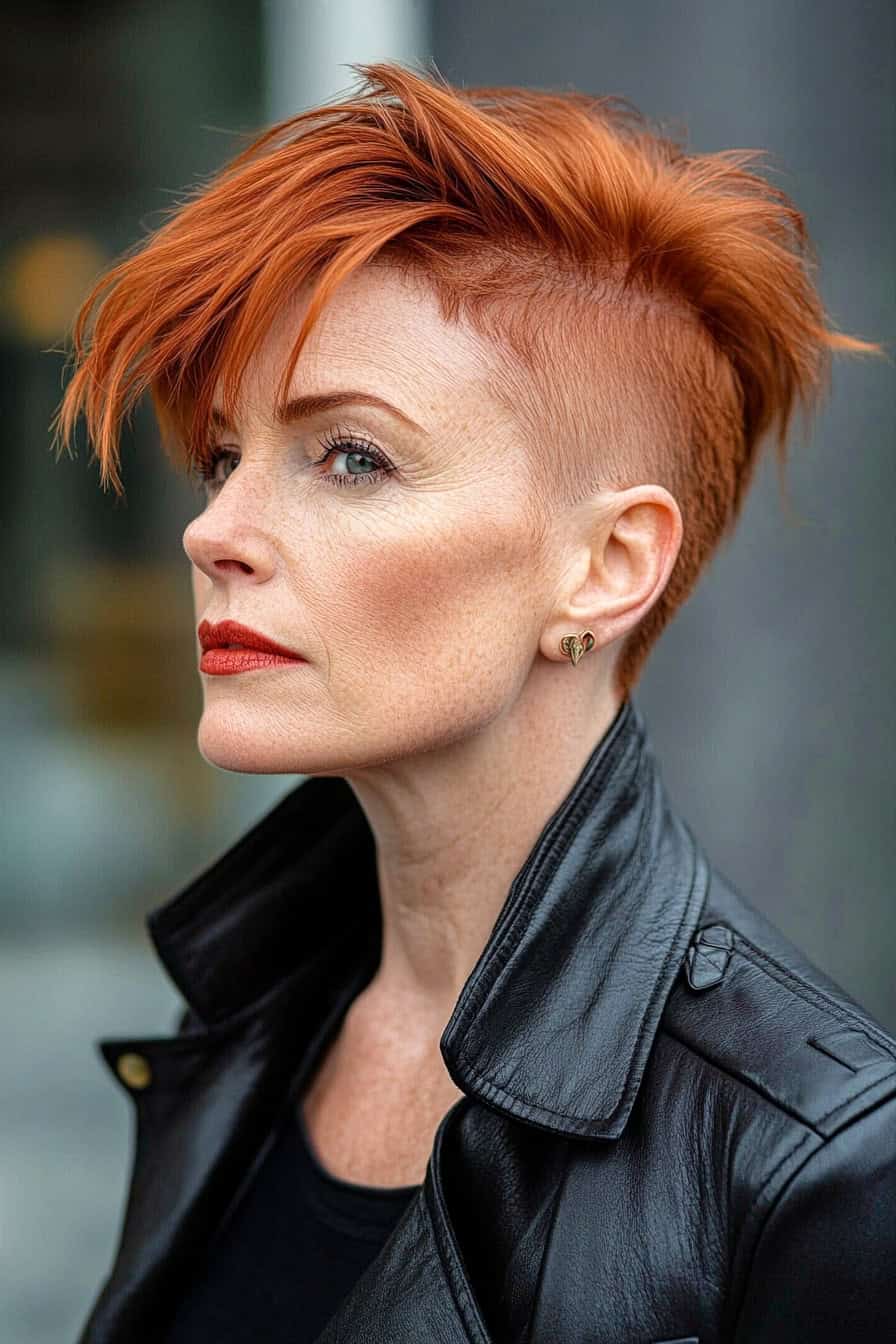 Bold woman with spiky reddish-orange hair, blue eyes, and stylish black leather jacket.